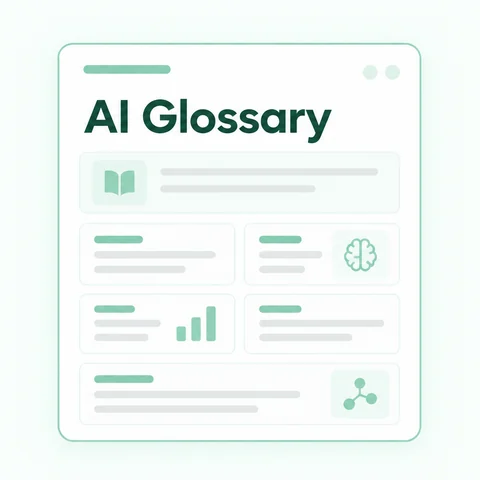 Illustration of an AI Glossary page with book, brain, chart and AI icons