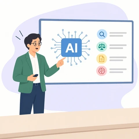 Illustration of a lecturer pointing to an AI diagram on a classroom screen