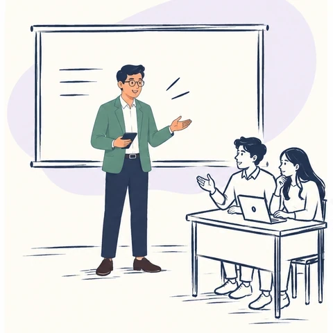 Illustration of a classroom discussion with a speaker and two students exchanging ideas