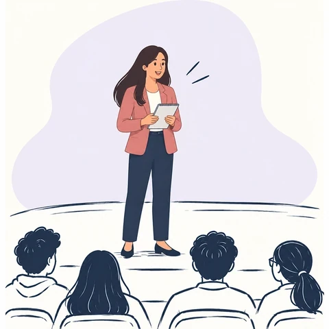Illustration of a student presenting a master's thesis to an audience