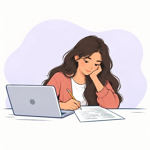 Illustration of a student revising a printed draft with a pencil beside a laptop
