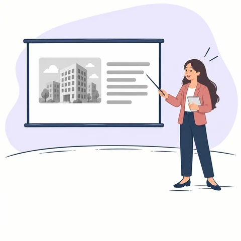 Illustration of a lecturer presenting a company case study on a classroom screen