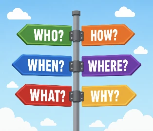 Signpost with who, how, when, where, what and why arrows