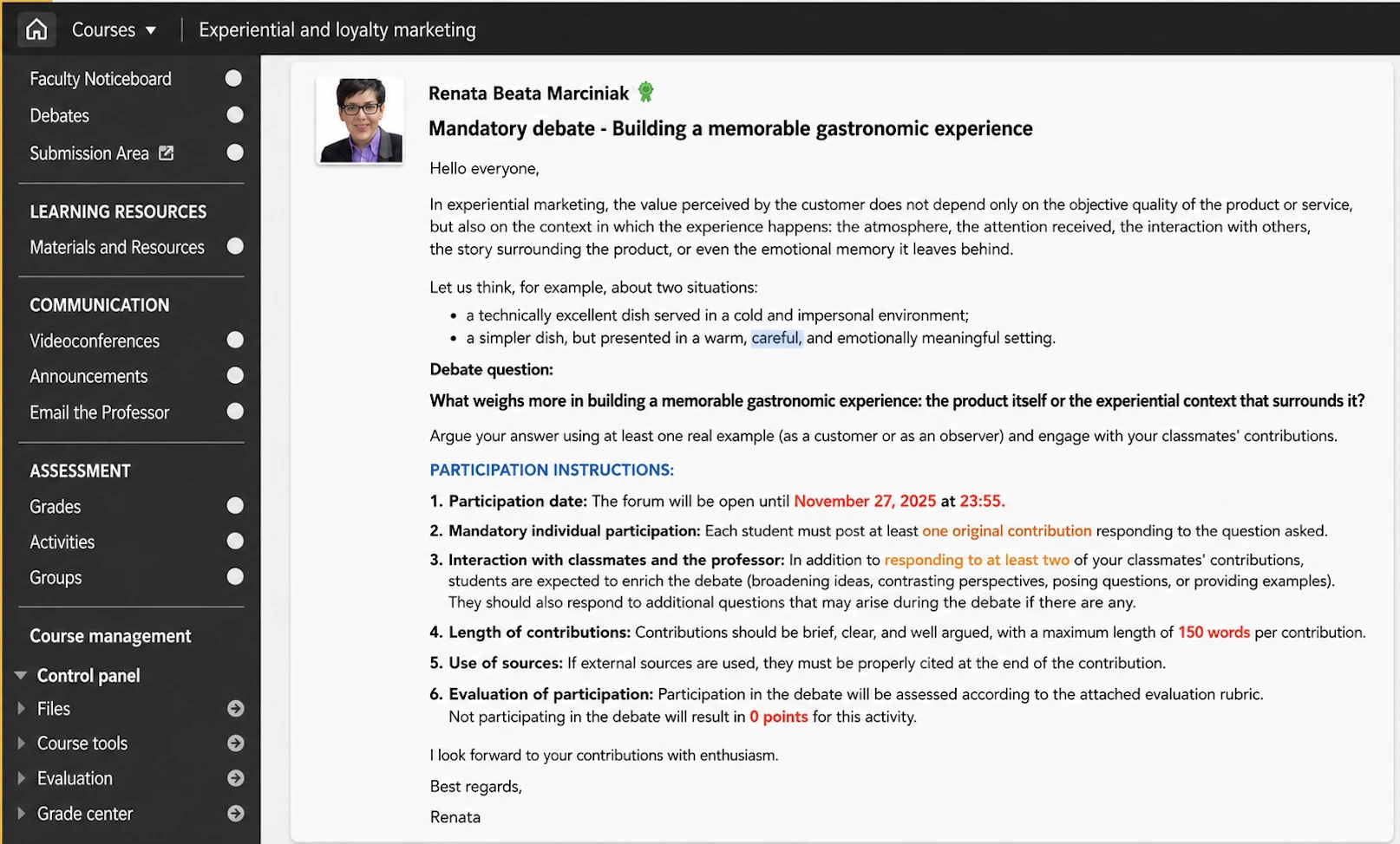 Screenshot of a virtual campus showing the instructions for a compulsory debate titled Building a memorable gastronomic experience, with the debate question and seven participation rules