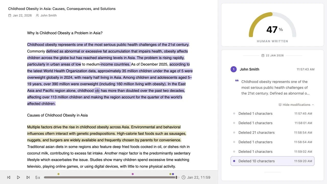 Turingo sample report with a pasted passage expanded to show six subsequent modifications and their timestamps beside the document replay