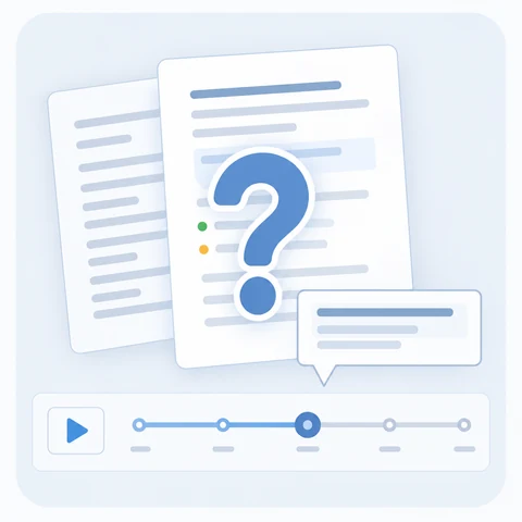 Documents, a question mark, a comment bubble and a replay timeline illustrating writing-process review