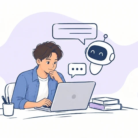 Illustration of a student working on a laptop beside books and a friendly AI assistant