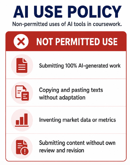 AI use policy card listing non-permitted uses of AI tools in coursework