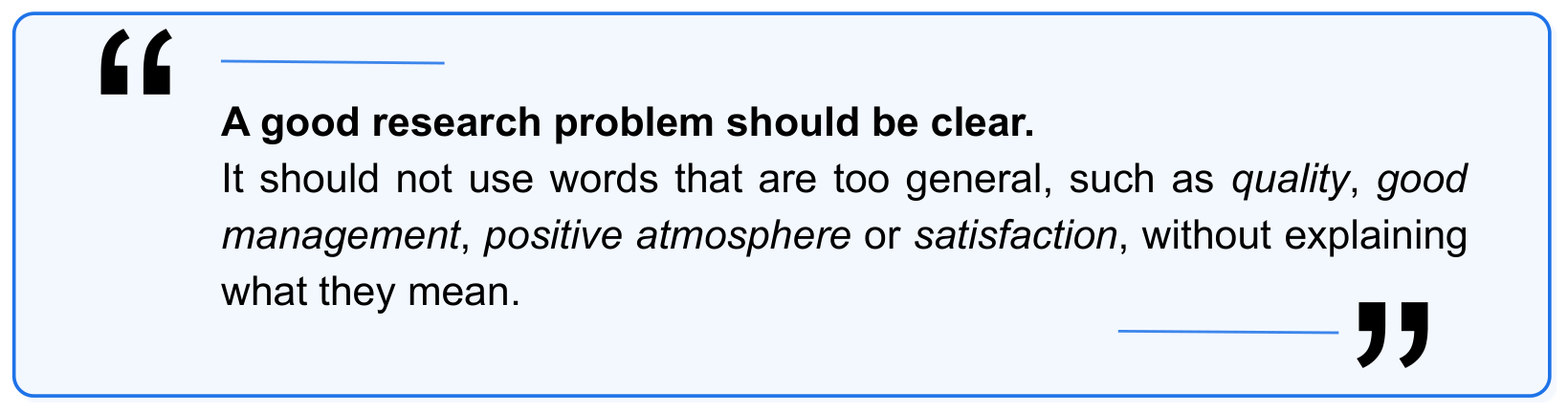 Quotation box explaining that a good research problem should be clear